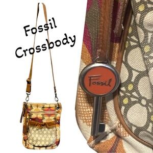 Fossil Red & Brown Crossbody Bag Adjustable Strap Floral Print Leather Accents